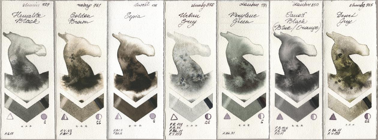 Shminke Horadam Aquarell 789 Hematite Black, Rosa Gallery 761 Golden Brown, Holbein Artists Watercolor 136 Sepia, 956 Urban Grey, Daniel Smith 194 Perylene Green, 250 Janes Black (Blue/Orange), 925 Desert Gr watercolor swatch