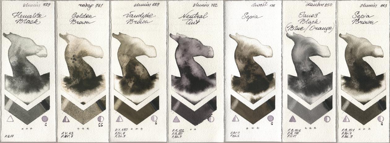 Shminke Horadam Aquarell 789 Hematite Black, Rosa Gallery 761 Golden Brown, 669 Vandyke Brown, 782 Neutral Tint, Holbein Artists Watercolor 136 Sepia, Daniel Smith 250 Janes Black (Blue/Orange), 663 Sepia Bro watercolor swatch