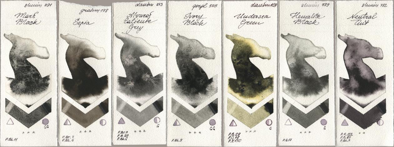 Shminke Horadam Aquarell 791 Mars Black, M. Graham & Co. Artists 178 Sepia, Daniel Smith 243 Alvaros Caliente Grey, Golden QOR 505 Ivory Black, 109 Undersea Green, 789 Hematite Black, 782 Neutral Ti watercolor swatch
