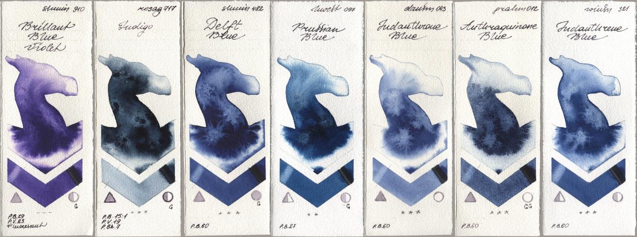 Shminke Horadam Aquarell 910 Brilliant Blue Violet, Rosa Gallery 717 Indigo, 482 Delft Blue, Holbein Artists Watercolor 097 Prussian Blue, Daniel Smith 043 Indanthrone Blue, M. Graham & Co. Artists 012 Anthraquinone Blue, Winsor & Newton Professional 321 Indanthrene Bl watercolor swatch