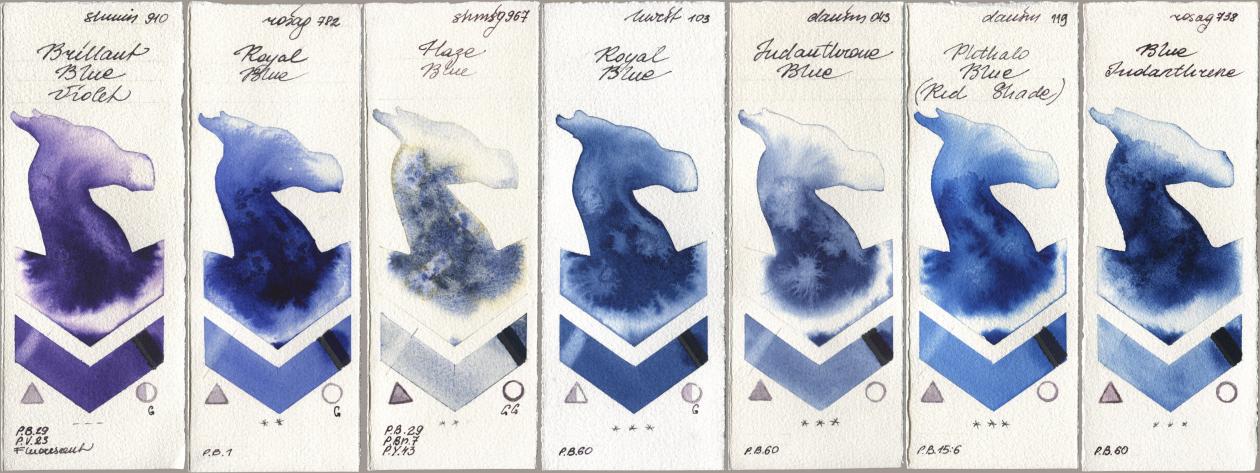 Shminke Horadam Aquarell 910 Brilliant Blue Violet, Rosa Gallery 782 Royal Blue, 967 Haze Blue, Holbein Artists Watercolor 103 Royal Blue, Daniel Smith 043 Indanthrone Blue, 119 Phthalo Blue (Red Shade), 738 Blue Indanthre watercolor swatch
