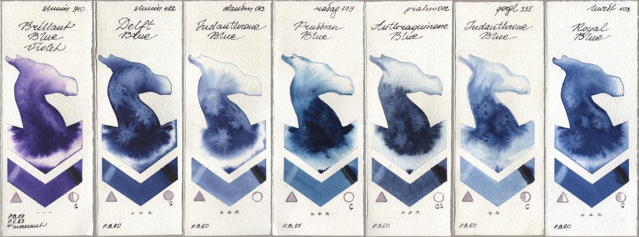 Shminke Horadam Aquarell 910 Brilliant Blue Violet, 482 Delft Blue, Daniel Smith 043 Indanthrone Blue, Rosa Gallery 779 Prussian Blue, M. Graham & Co. Artists 012 Anthraquinone Blue, Golden QOR 335 Indanthrone Blue, Holbein Artists Watercolor 103 Royal Bl watercolor swatch