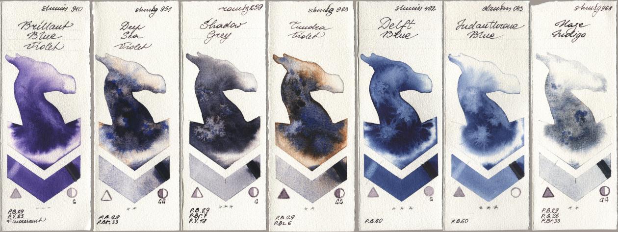 Shminke Horadam Aquarell 910 Brilliant Blue Violet, 951 Deep Sea Violet, Roman Szmal Aquarius 259 Shadow Grey, 983 Tundra Violet, 482 Delft Blue, Daniel Smith 043 Indanthrone Blue, 968 Haze Indi watercolor swatch