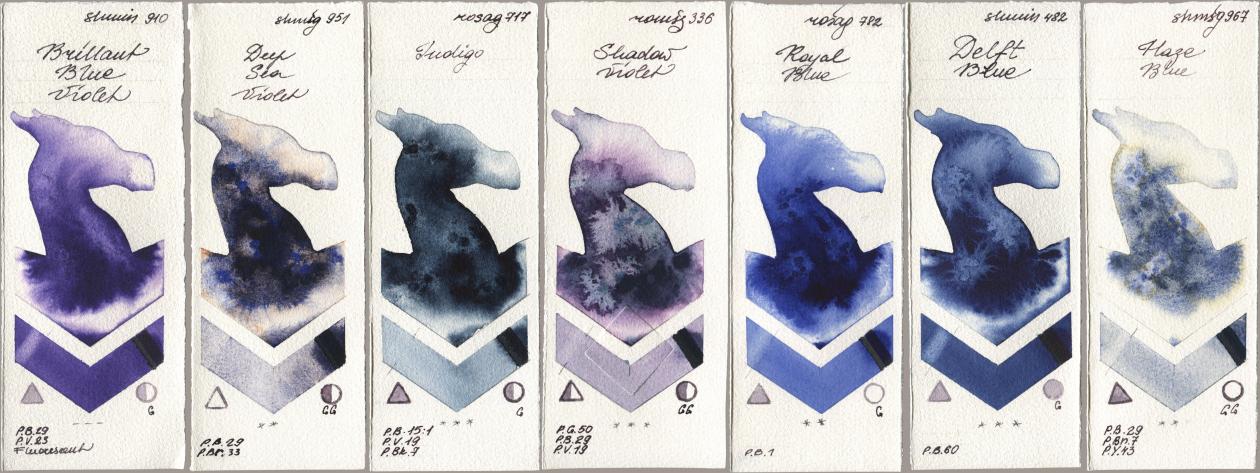 Shminke Horadam Aquarell 910 Brilliant Blue Violet, 951 Deep Sea Violet, Rosa Gallery 717 Indigo, Roman Szmal Aquarius 336 Shadow Violet, 782 Royal Blue, 482 Delft Blue, 967 Haze Bl watercolor swatch