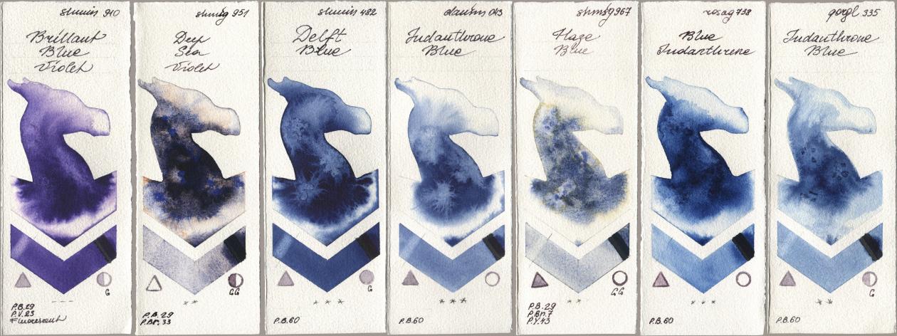 Shminke Horadam Aquarell 910 Brilliant Blue Violet, 951 Deep Sea Violet, 482 Delft Blue, Daniel Smith 043 Indanthrone Blue, 967 Haze Blue, Rosa Gallery 738 Blue Indanthrene, Golden QOR 335 Indanthrone Bl watercolor swatch
