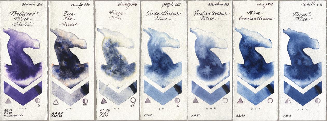 Shminke Horadam Aquarell 910 Brilliant Blue Violet, 951 Deep Sea Violet, 967 Haze Blue, Golden QOR 335 Indanthrone Blue, Daniel Smith 043 Indanthrone Blue, Rosa Gallery 738 Blue Indanthrene, Holbein Artists Watercolor 103 Royal Bl watercolor swatch