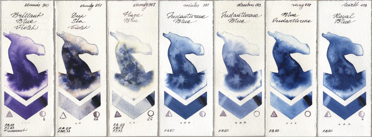 Shminke Horadam Aquarell 910 Brilliant Blue Violet, 951 Deep Sea Violet, 967 Haze Blue, Winsor & Newton Professional 321 Indanthrene Blue, Daniel Smith 043 Indanthrone Blue, Rosa Gallery 738 Blue Indanthrene, Holbein Artists Watercolor 103 Royal Bl watercolor swatch