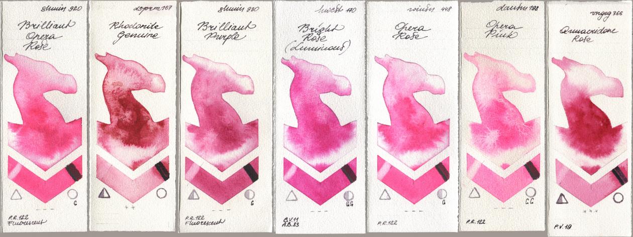 Shminke Horadam Aquarell 920 Brilliant Opera Rose, Daniel Smith 167 Rhodonite Genuine, 930 Brilliant Purple, Holbein Artists Watercolor 170 Bright Rose (Luminous), Winsor & Newton Professional 448 Opera Rose, 198 Opera Pink, Royal Talens Van Gogh Watercolour 366 Quinacridone Ro watercolor swatch