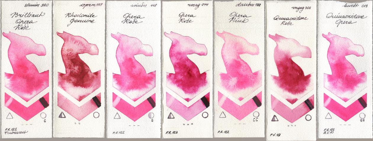 Shminke Horadam Aquarell 920 Brilliant Opera Rose, Daniel Smith 167 Rhodonite Genuine, Winsor & Newton Professional 448 Opera Rose, Rosa Gallery 744 Opera Rose, 198 Opera Pink, Royal Talens Van Gogh Watercolour 366 Quinacridone Rose, Holbein Artists Watercolor 013 Opera (Quinacridone Oper watercolor swatch