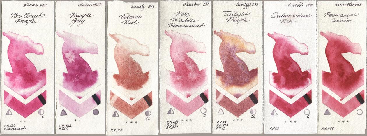 Shminke Horadam Aquarell 930 Brilliant Purple, Shinhan PWC 650 Purple Grey, 913 Volcano Red, Daniel Smith 237 Rose Madder Permanent, Holbein Artists Watercolor 543 Twilight Purple, 005 Quinacridone Red, Maimeri Blu 167 Permanent Carmi watercolor swatch