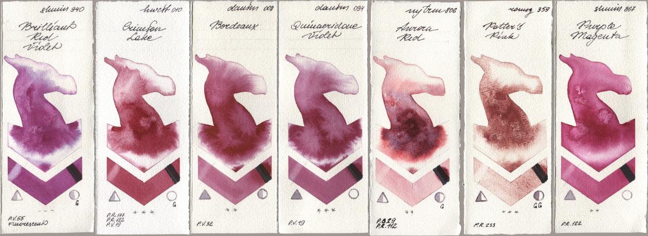 Shminke Horadam Aquarell 940 Brilliant Red Violet, Holbein Artists Watercolor 010 Crimson Lake, Daniel Smith 008 Bordeaux, 094 Quinacridone Violet, Mijello Mission Gold 806 Aurora Red, Roman Szmal Aquarius 359 Potters Pink, 367 Purple Magen watercolor swatch