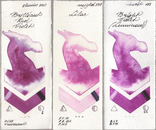Shminke Horadam Aquarell 940 Brilliant Red Violet, Mijello Mission Gold 558 Lilac, Holbein Artists Watercolor 175 Bright Violet (Luminou watercolor swatch