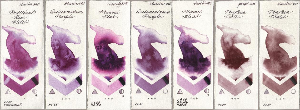 Shminke Horadam Aquarell 940 Brilliant Red Violet, 472 Quinacridone Purple, Roman Szmal Aquarius 379 Mineral Pink, Daniel Smith 225 Quinacridone Purple, Holbein Artists Watercolor 112 Mineral Violet, Golden QOR 635 Perylene Violet, 201 Perylene Viol watercolor swatch