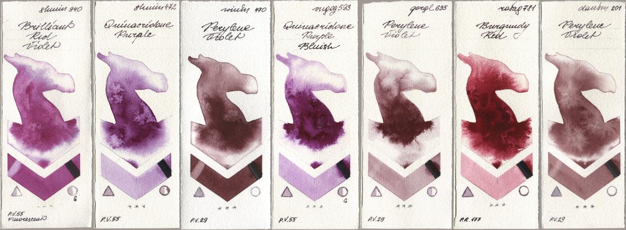 Shminke Horadam Aquarell 940 Brilliant Red Violet, 472 Quinacridone Purple, Winsor & Newton Professional 470 Perylene Violet, Royal Talens Van Gogh Watercolour 593 Quinacridone Purple Bluish, Golden QOR 635 Perylene Violet, Rosa Gallery 781 Burgundy Red, Daniel Smith 201 Perylene Viol watercolor swatch