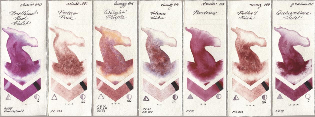 Shminke Horadam Aquarell 940 Brilliant Red Violet, Winsor & Newton Professional 537 Potters Pink, Holbein Artists Watercolor 543 Twilight Purple, 914 Volcano Violet, Daniel Smith 008 Bordeaux, Roman Szmal Aquarius 359 Potters Pink, M. Graham & Co. Artists 158 Quinacridone Viol watercolor swatch