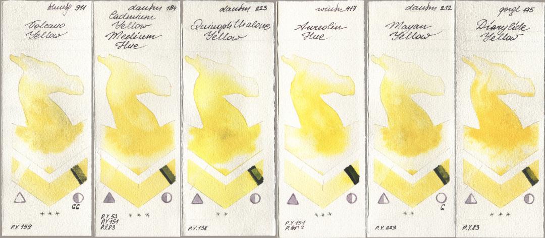 Shminke Horadam Aquarell 911 Volcano Yellow, Daniel Smith 184 Cadmium Yellow Medium Hue, 223 Quinophthalone Yellow, Winsor & Newton Professional 417 Aureolin Hue, 212 Mayan Yellow, Golden QOR 175 Diarylide Yell watercolor swatch