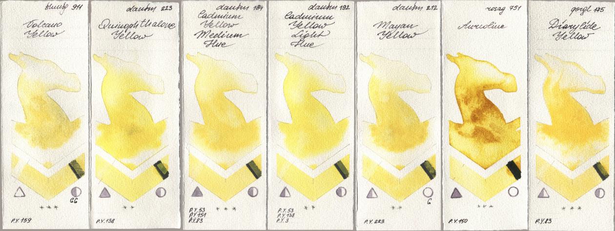 Shminke Horadam Aquarell 911 Volcano Yellow, Daniel Smith 223 Quinophthalone Yellow, 184 Cadmium Yellow Medium Hue, 192 Cadmium Yellow Light Hue, 212 Mayan Yellow, Rosa Gallery 751 Aureoline, Golden QOR 175 Diarylide Yell watercolor swatch