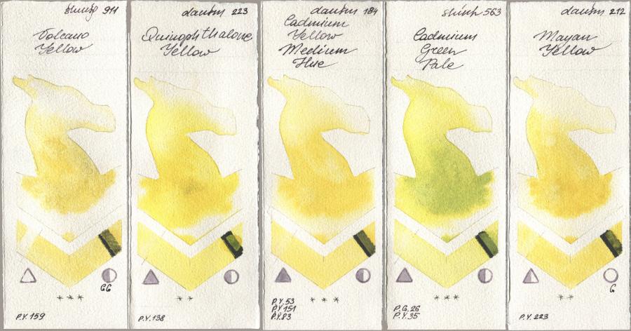 Shminke Horadam Aquarell 911 Volcano Yellow, Daniel Smith 223 Quinophthalone Yellow, 184 Cadmium Yellow Medium Hue, Shinhan PWC 563 Cadmium Green Pale, 212 Mayan Yell watercolor swatch