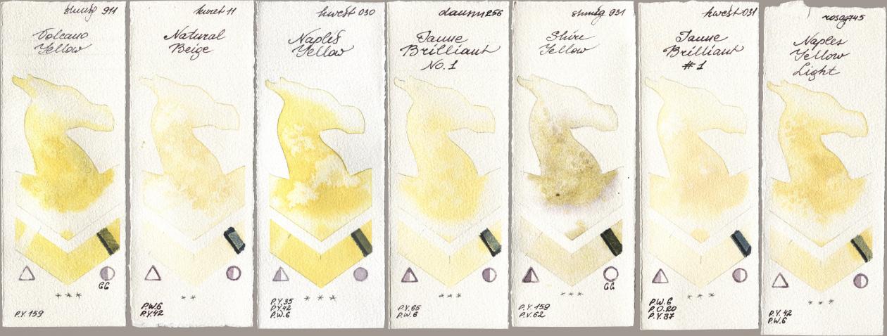 Shminke Horadam Aquarell 911 Volcano Yellow, Kuretake Gansai Tambi 011 Natural Beige, Holbein Artists Watercolor 030 Naples Yellow, Daniel Smith 256 Jaune Brilliant No 1, 931 Shire Yellow, 031 Jaune Brilliant No 1, Rosa Gallery 745 Naples Yellow Lig watercolor swatch