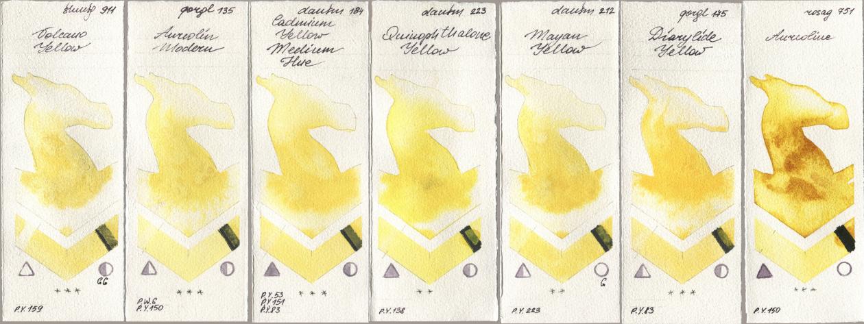 Shminke Horadam Aquarell 911 Volcano Yellow, Golden QOR 135 Aureolin Modern, Daniel Smith 184 Cadmium Yellow Medium Hue, 223 Quinophthalone Yellow, 212 Mayan Yellow, 175 Diarylide Yellow, Rosa Gallery 751 Aureoli watercolor swatch
