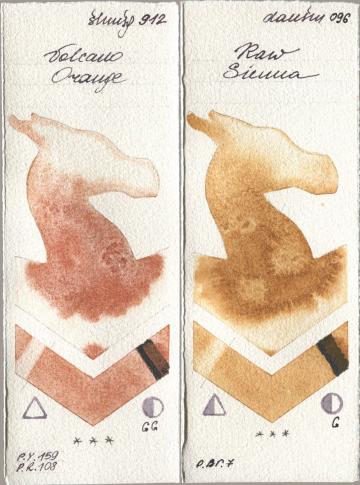 Shminke Horadam Aquarell 912 Volcano Orange, Daniel Smith 096 Raw Sien watercolor swatch