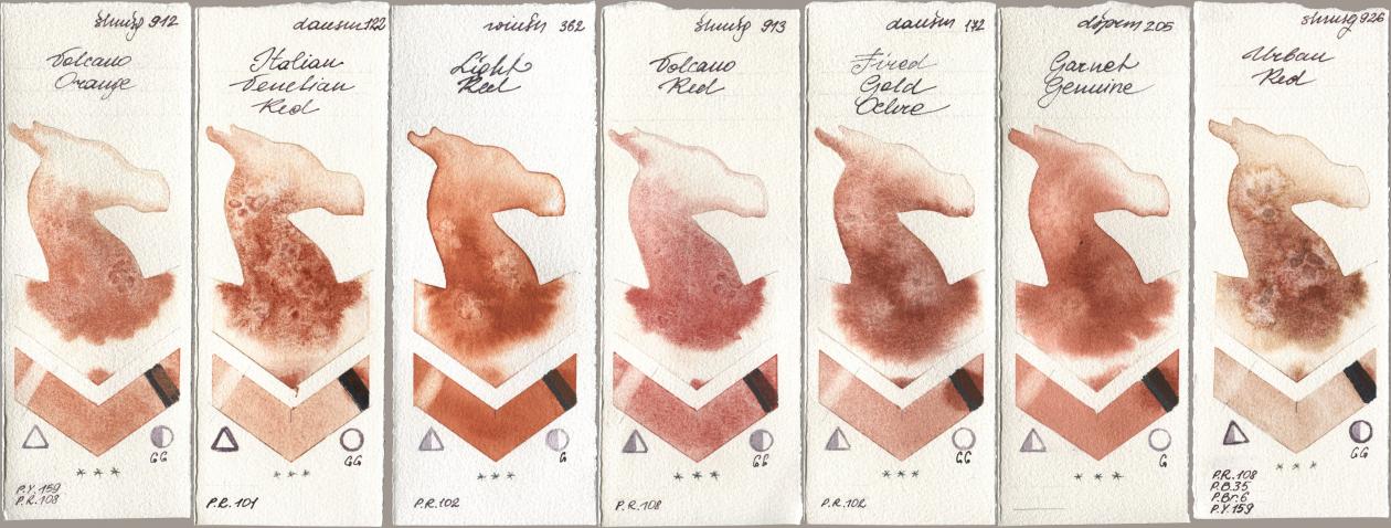 Shminke Horadam Aquarell 912 Volcano Orange, Daniel Smith 122 Italian Venetian Red, Winsor & Newton Professional 362 Light Red, 913 Volcano Red, 172 Fired Gold Ochre, 205 Garnet Genuine, 926 Urban R watercolor swatch
