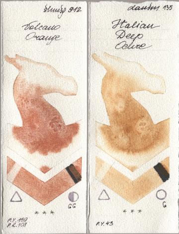 Shminke Horadam Aquarell 912 Volcano Orange, Daniel Smith 135 Italian Deep Och watercolor swatch