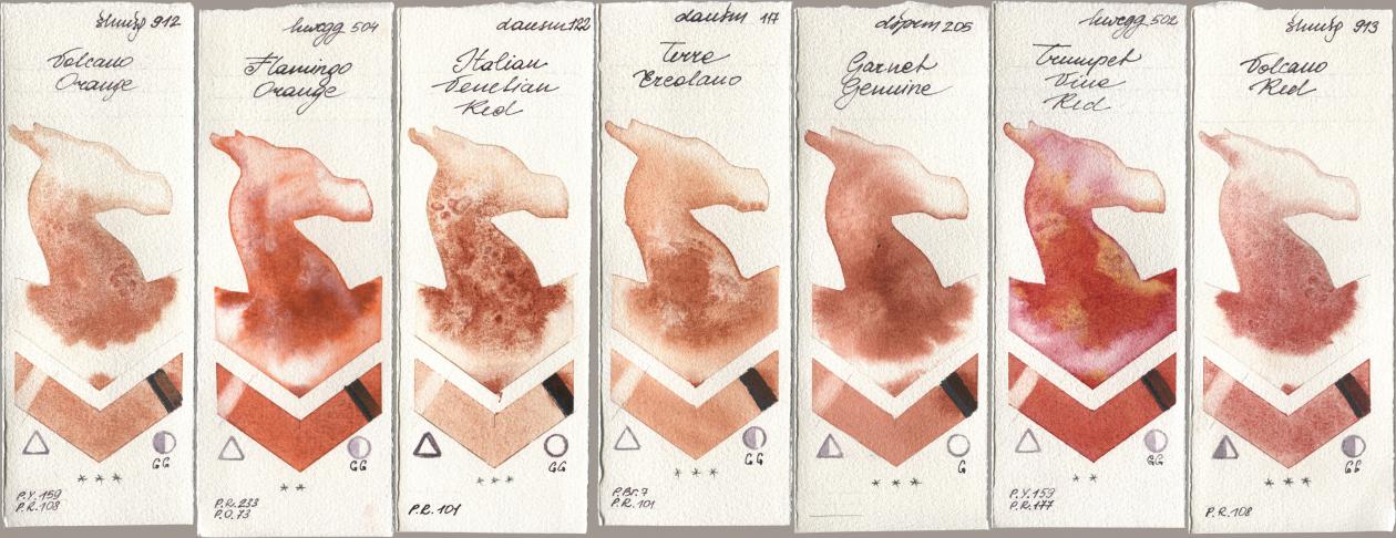 Shminke Horadam Aquarell 912 Volcano Orange, Holbein Artists Watercolor 504 Flamingo Orange, Daniel Smith 122 Italian Venetian Red, 117 Terre Ercolano, 205 Garnet Genuine, 502 Trumpet Vine Red, 913 Volcano R watercolor swatch