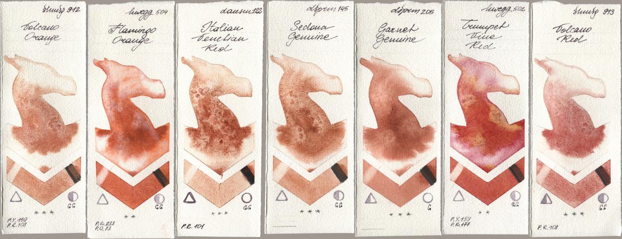 Shminke Horadam Aquarell 912 Volcano Orange, Holbein Artists Watercolor 504 Flamingo Orange, Daniel Smith 122 Italian Venetian Red, 145 Sedona Genuine, 205 Garnet Genuine, 502 Trumpet Vine Red, 913 Volcano R watercolor swatch