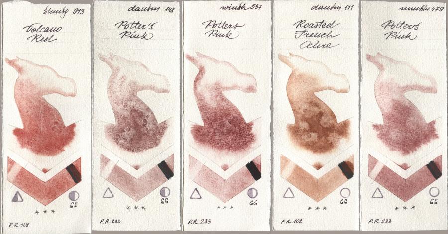 Shminke Horadam Aquarell 913 Volcano Red, Daniel Smith 148 Potters Pink, Winsor & Newton Professional 537 Potters Pink, 171 Roasted French Ochre, Maimeri Blu 479 Potters Pi watercolor swatch