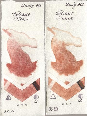 Shminke Horadam Aquarell 913 Volcano Red, 912 Volcano Oran watercolor swatch