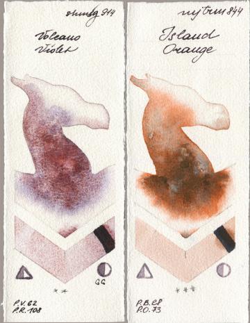 Shminke Horadam Aquarell 914 Volcano Violet vs Mijello Mission Gold 844 Island Orange watercolor swatch