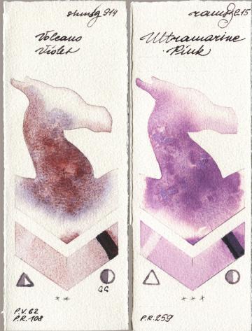 Shminke Horadam Aquarell 914 Volcano Violet vs Roman Szmal Aquarius 215 Ultramarine Pink watercolor swatch