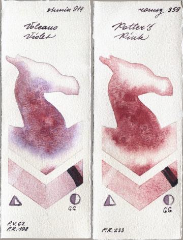Shminke Horadam Aquarell 914 Volcano Violet vs Roman Szmal Aquarius 359 Potters Pink watercolor swatch