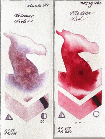 Shminke Horadam Aquarell 914 Volcano Violet vs Rosa Gallery 725 Madder Red watercolor swatch