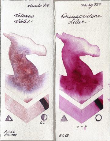 Shminke Horadam Aquarell 914 Volcano Violet vs Rosa Gallery 727 Quinacridone Lilac watercolor swatch