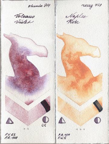 Shminke Horadam Aquarell 914 Volcano Violet vs Rosa Gallery 748 Naples Rose watercolor swatch