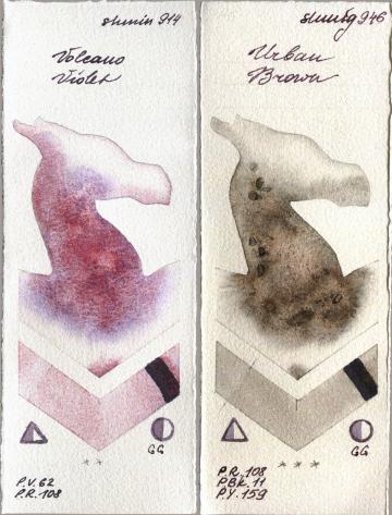 Shminke Horadam Aquarell 914 Volcano Violet vs 946 Urban Brown watercolor swatch