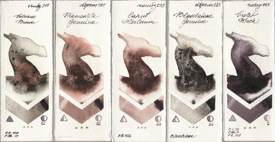 Shminke Horadam Aquarell 915 Volcano Brown, Daniel Smith 191 Piemontite Genuine, Roman Szmal Aquarius 239 Caput Mortuum, 193 Bloodstone Genuine, Rosa Gallery 765 Violet Bla watercolor swatch