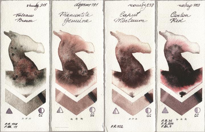 Shminke Horadam Aquarell 915 Volcano Brown, Daniel Smith 191 Piemontite Genuine, Roman Szmal Aquarius 239 Caput Mortuum, Rosa Gallery 769 Carbon R watercolor swatch