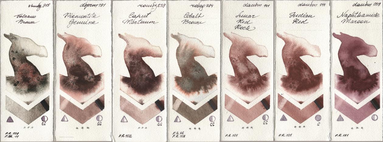 Shminke Horadam Aquarell 915 Volcano Brown, Daniel Smith 191 Piemontite Genuine, Roman Szmal Aquarius 239 Caput Mortuum, Rosa Gallery 784 Cobalt Brown, 141 Lunar Red Rock, 044 Indian Red, 059 Naphthamide Maro watercolor swatch