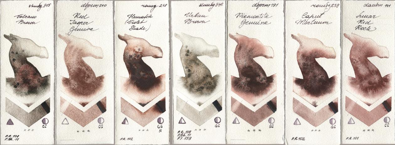 Shminke Horadam Aquarell 915 Volcano Brown, Daniel Smith 240 Red Jasper Genuine, Roman Szmal Aquarius 248 Hematite (Violet Shade), 946 Urban Brown, 191 Piemontite Genuine, 239 Caput Mortuum, 141 Lunar Red Ro watercolor swatch