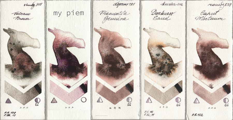 Shminke Horadam Aquarell 915 Volcano Brown, my 191 piem, Daniel Smith 191 Piemontite Genuine, Kusakabe 012 Darkness Sand, Roman Szmal Aquarius 239 Caput Mortu watercolor swatch
