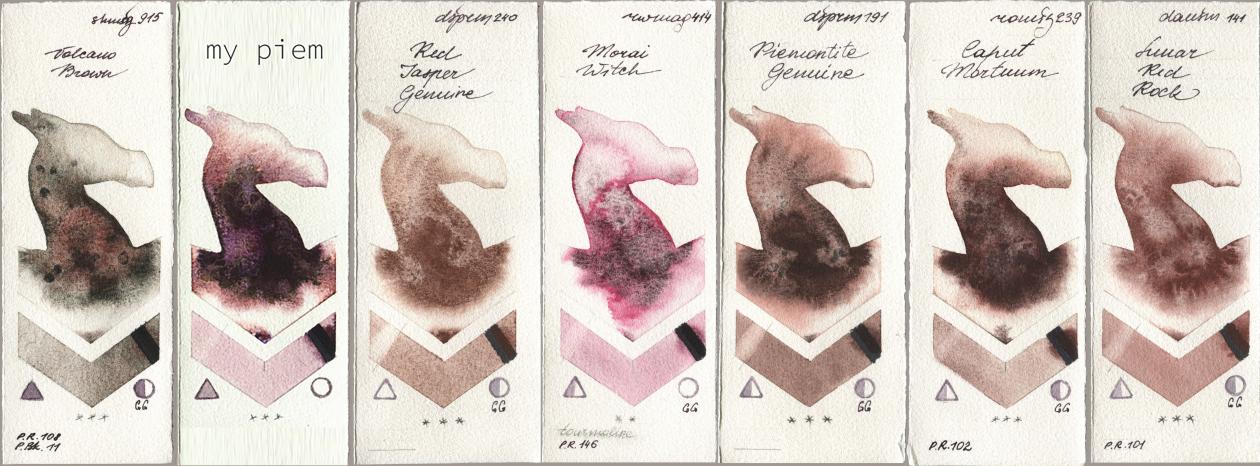 Shminke Horadam Aquarell 915 Volcano Brown, my 191 piem, Daniel Smith 240 Red Jasper Genuine, Rockwell 414 Morai Witch, 191 Piemontite Genuine, Roman Szmal Aquarius 239 Caput Mortuum, 141 Lunar Red Ro watercolor swatch