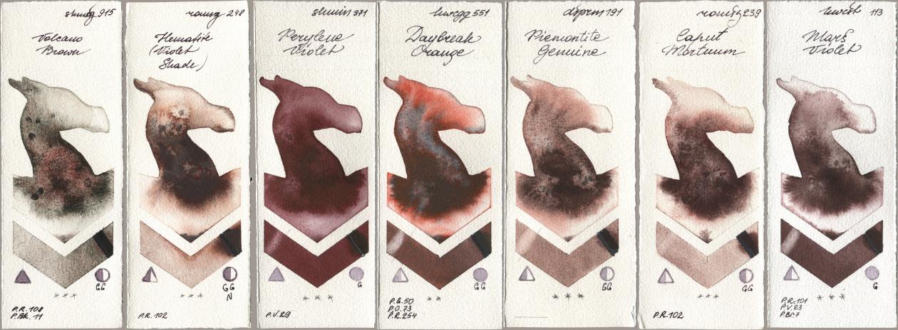 Shminke Horadam Aquarell 915 Volcano Brown, Roman Szmal Aquarius 248 Hematite (Violet Shade), 371 Perylene Violet, Holbein Artists Watercolor 551 Daybreak Orange, Daniel Smith 191 Piemontite Genuine, 239 Caput Mortuum, 113 Mars Viol watercolor swatch