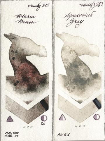 Shminke Horadam Aquarell 915 Volcano Brown vs Roman Szmal Aquarius 253 Aquarius Grey watercolor swatch