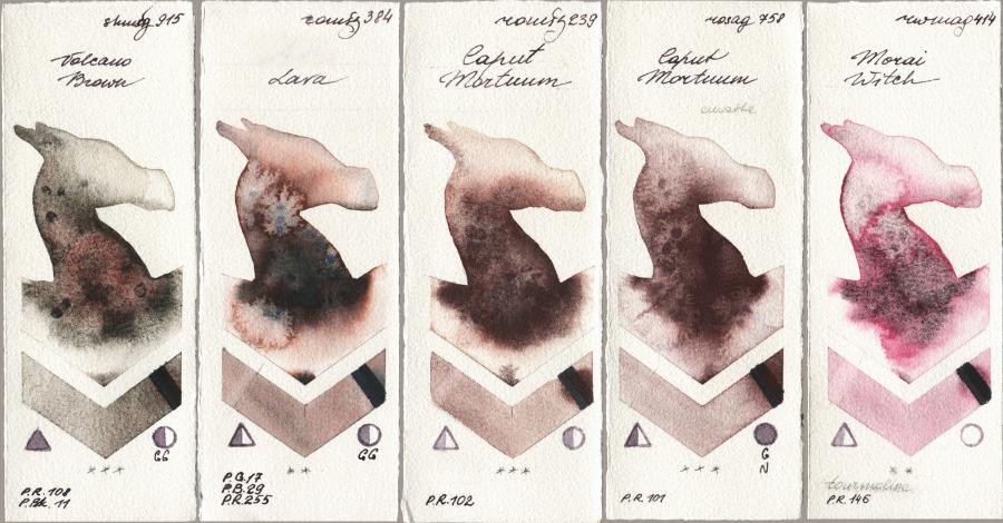 Shminke Horadam Aquarell 915 Volcano Brown vs Roman Szmal Aquarius 384 Lava vs 239 Caput Mortuum vs Rosa Gallery 758 Caput Mortuum vs Rockwell 414 Morai Witch watercolor swatch