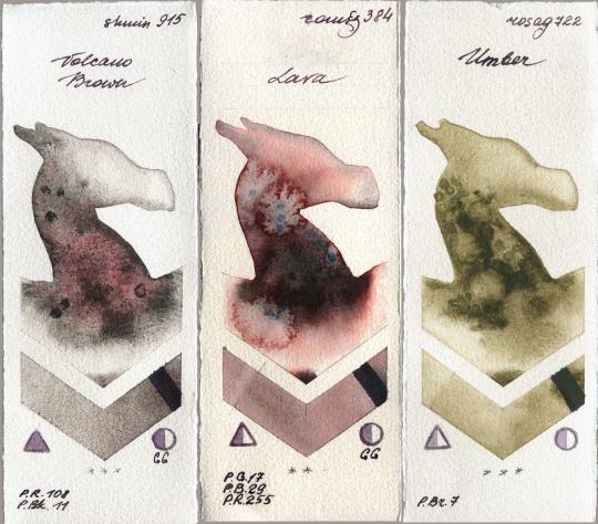 Shminke Horadam Aquarell 915 Volcano Brown vs Roman Szmal Aquarius 384 Lava vs Rosa Gallery 722 Umber watercolor swatch