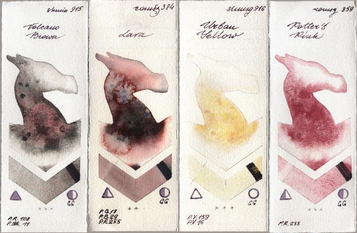Shminke Horadam Aquarell 915 Volcano Brown vs Roman Szmal Aquarius 384 Lava vs 916 Urban Yellow vs 359 Potters Pink watercolor swatch