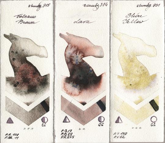 Shminke Horadam Aquarell 915 Volcano Brown vs Roman Szmal Aquarius 384 Lava vs 931 Shire Yellow watercolor swatch